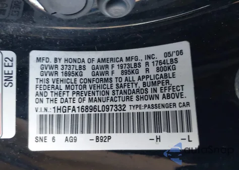 2006 Honda Civic Ex z USA, uszkodzony, nr VIN 1HGFA16896L097332